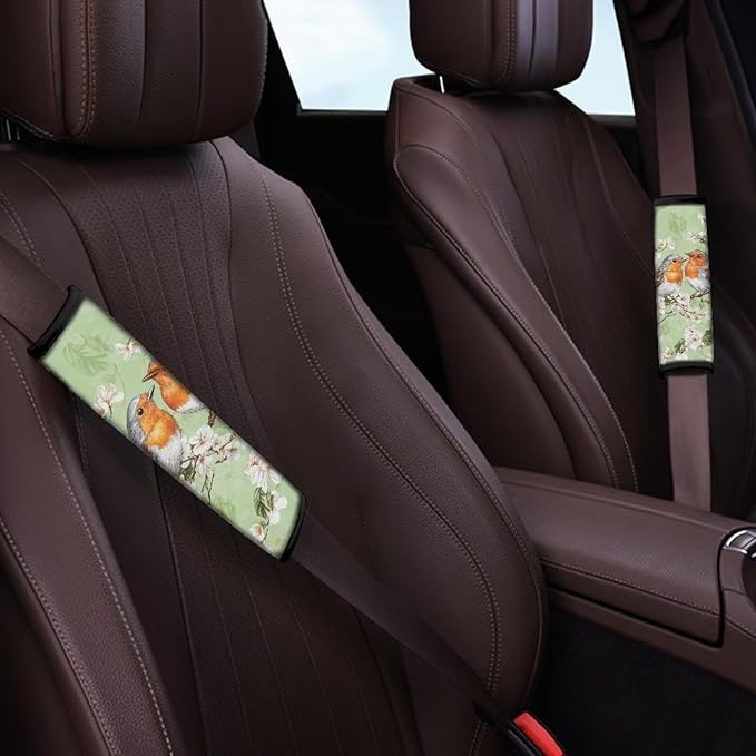 Car Seat Belt Cover Soft Car Safety Seat Belt Strap Shoulder Pad for Women Men 2 Pack Universal Size White Flower Bird