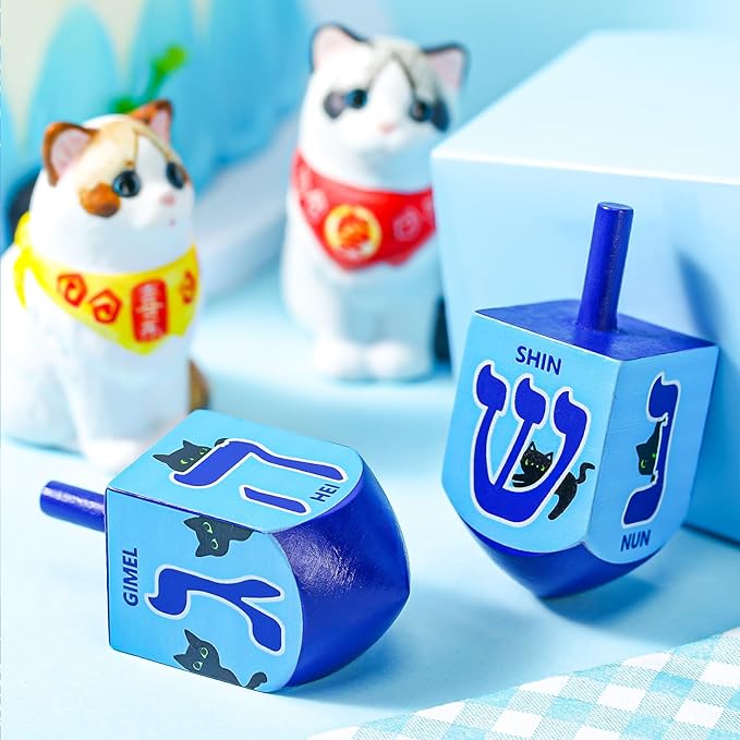 Wonderjune 2 Pcs Hanukkah Dreidels Extra Large Wooden Dreidel for Hanukkah Decoration with English Transliteration, Forever Spinning Tops Party Favors(Cat)