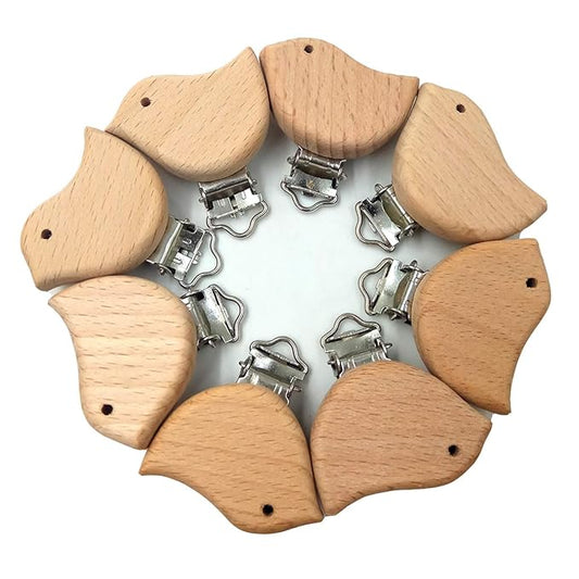 20pcs Natural Wood Suspender Pacifier Clips Cute Beech Wooden Animal Bird Shape Clips Charm DIY Beading Pacifier Chain Accessory
