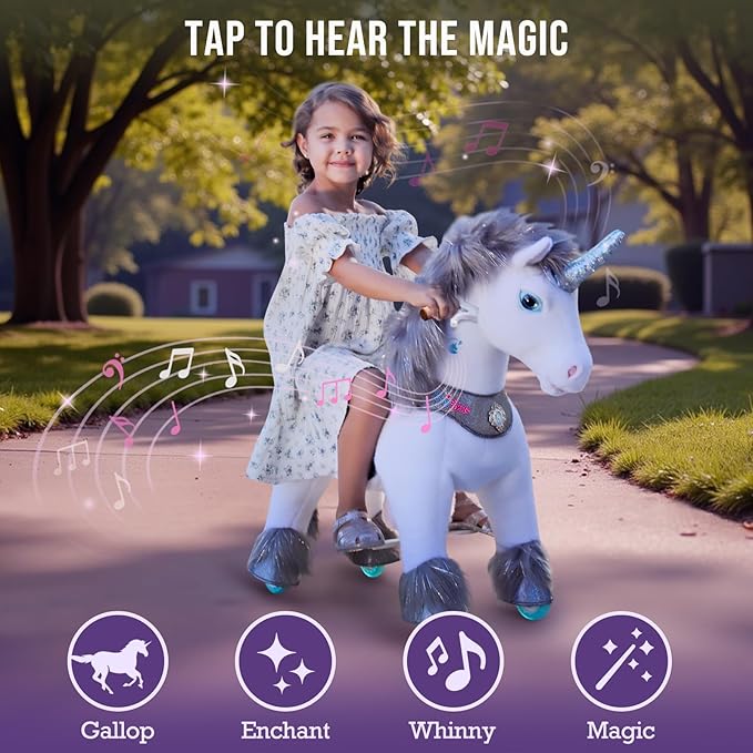 PonyCycle Ride on Horse Grey Unicorn Pony Advanced Model Y Riding Unicorn Ponies Toy (35.4" Height for Kids Ages 4-7) Riding Pony with Wheels, Christmas Birthday Gift for Kids Plush Walking Pony Y456