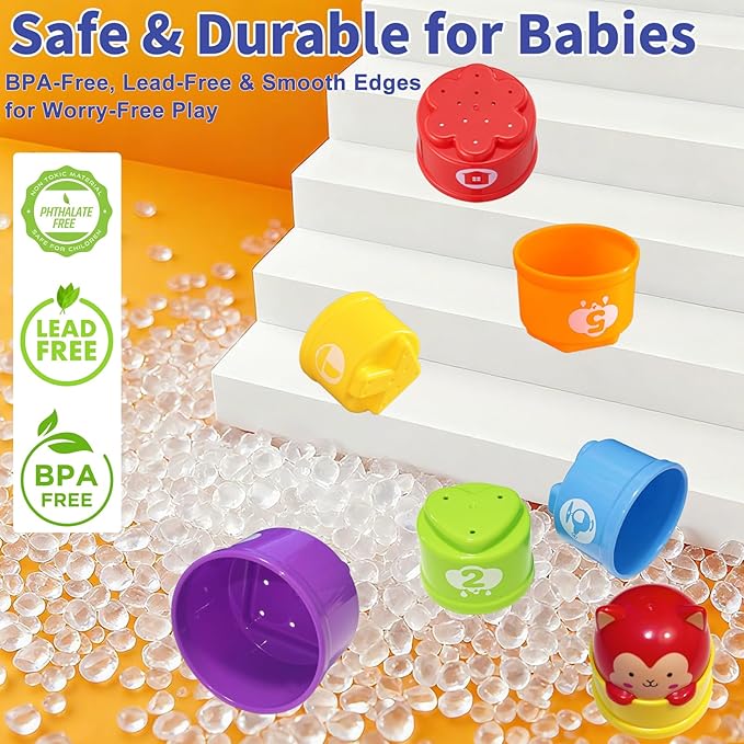 WEEJOYGAM Baby Stacking Cups, Nesting Stacking Toys for Toddlers 1-3 with Light and Sound, Montessori Toys for 1 Year Old Babies 6-12 12-18 Months Easter Gift Color Stack Bath Beach Blocks Rainbow Set