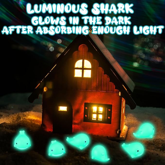RoundFunny 30 Pcs Whale Rubber Bath Toys Glow in the Dark Mini Sea Animal Blue Squeezable Squeak Toys for Beach Pool Shower Play Floating Favors Carnival Decoration