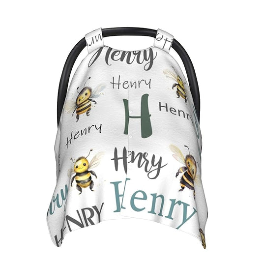 Personalized Baby Car Seat Cover Custom Name CarSeat Canopy Customized Bee Newborn Nursing Breastfeeding Cover Minky Baby Blanket Infant Car Seat Canopies for Baby Girls Boys