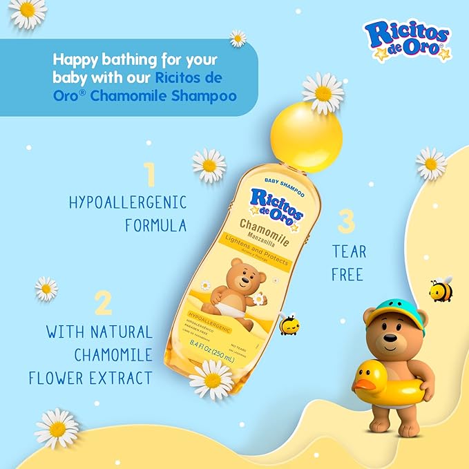 Ricitos de Oro, Baby Shampoo Cleansing and Lightening Baby Shampoo with Chamomile, Paraben Free, Hypoallergenic 2-Pack of 13.5 FL Oz Each, 2 Bottles