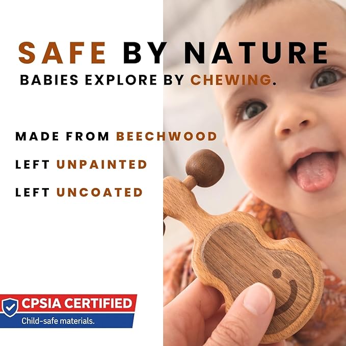 Natural Wooden Teether & Rattle Set for Babies 0-12 Months | Montessori Sensory Toys | Plastic-Free & Non-Toxic | CPSIA & ASTM Certified Safe