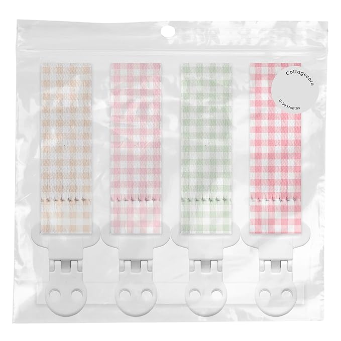 Stadela Baby Fabric Pacifier Clip Holder, Plastic Clip, 4‑Pack, Gingham Pattern, Cottagecore Set