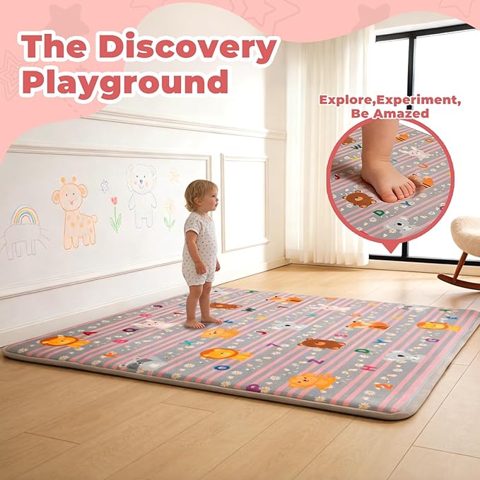 RONGFA Baby Play Mat for Floor, 71'' x 59'' Thicken Foam Padded Playmat for Tummy Time, Playpen Mat for Toddlers Infant Kids, Water-Repellent Coral Velvet, Non-Slip Bottom Safe for Crawling (Lion)