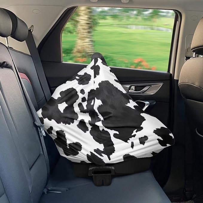 Wanyint Cow Print Black White Stretchy Nursing Scarf Car Seat Canopy Baby Car Seat Cover, Baby Breastfeeding Stroller High Chair Shopping Cart Cover for Boys Girls