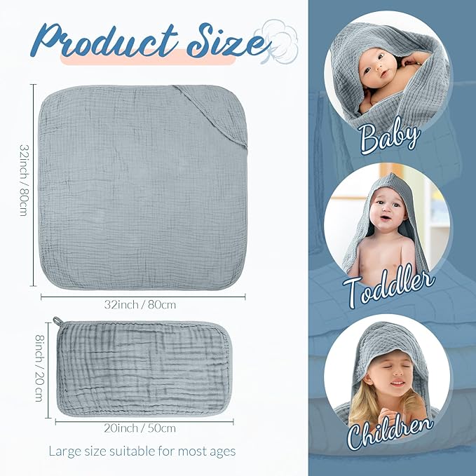 VitalCozy 8 Pcs Baby Muslin Hooded Bath Towels and Washcloths, Muslin Hooded Baby Towels Absorbent Blankets for Gift Newborn Infant Shower (Blue,White)