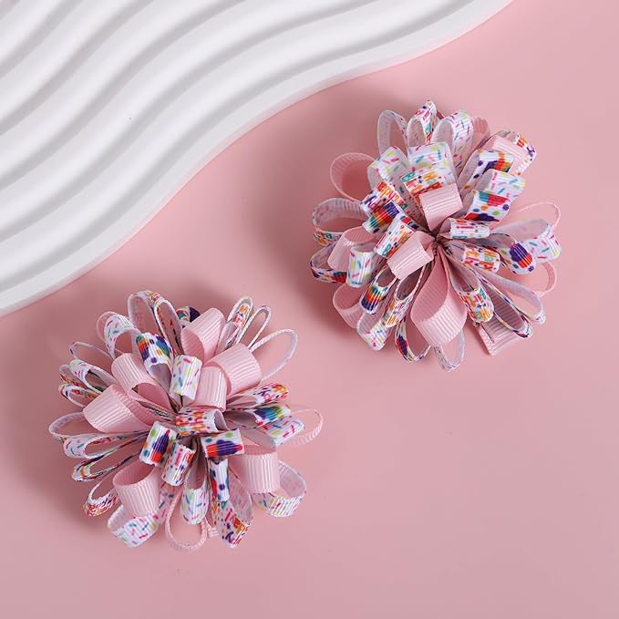 4pcs Happy Birthday Korker Hair Bow Clips for Baby Toddler Girls Ages 1-6, Pink Confetti Sprinkle Curly Ribbon Hairpins Alligator Barrettes,Kids Ice Cream Party Dress Accessory Gift