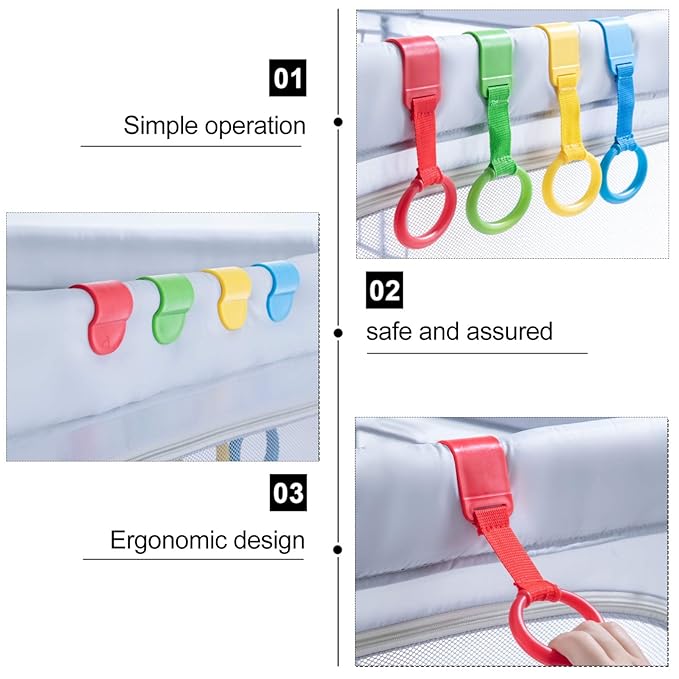TOYANDONA Baby Pull up Rings for Crib and Playpen 4-Pack Baby Hand Pull Rings for Toddler Standing Support and Walking Assistance 8.3X3.7X1 Inches