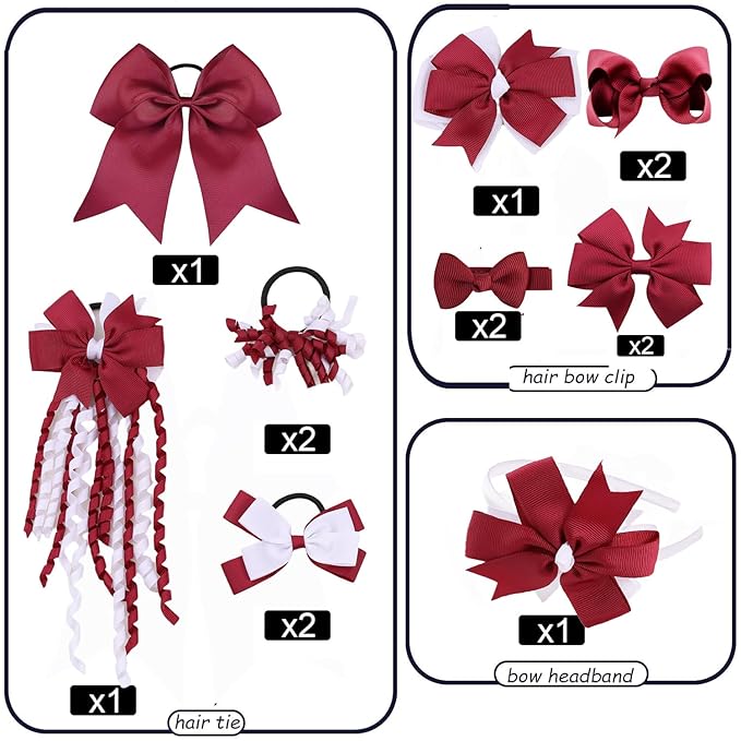 School Hair Accessories Set 14 Pcs Uniform Hair Bow Headband Clips Hair Ties Curly Korker Bows for Little Toddler School Girls (Burgundy&White)