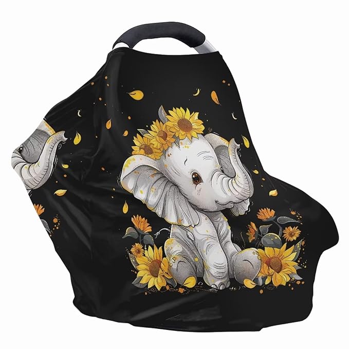 ZFRXIGN Elephant Sunflower Baby Car Seat Cover Cute Nursing Breathable Scarf Carseat Canopy Multi-Use Cover Ups for Stroller High Chair Shopping Cart Gifts Animal Black
