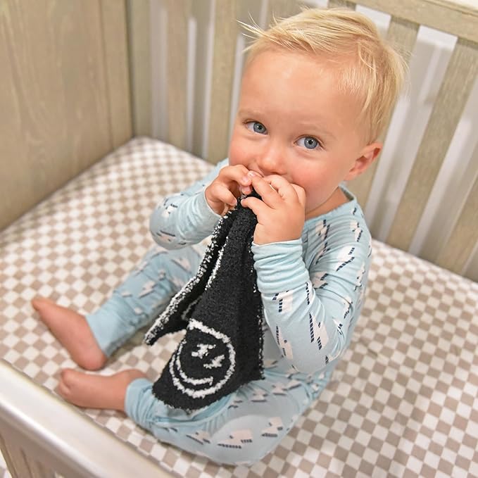 L+L USA Smiley Face Baby Lovey Pacifier/Teether Holder 10"x10" - DreamSoft Plush Fluffy Cuddly Soothie Reversible Mini Comfort Blanket - Cute Newborn Gift Essential Babies Boys and Girls (Black/White)