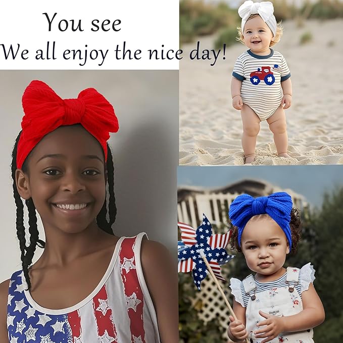 LemonSpace Handmade Headband for 4th of July Blue Baby Bow Newborn Accessories Infant Girls Hair Bows Red White and Blue Stretchy Soft Nylon Baby girl Bows Newborn Toddlers Headwrap