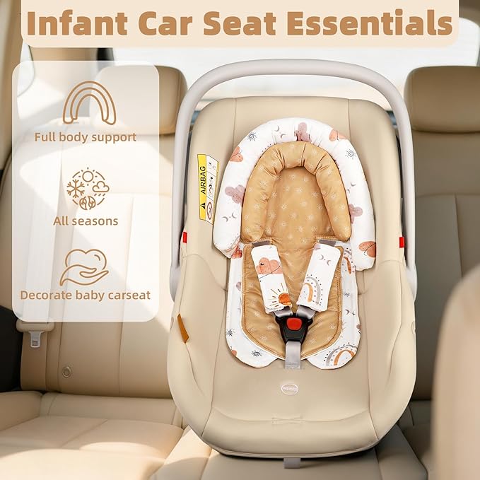 Baby Car Seat Head Support & Strap Covers, Upgraded 2-in-1 Infant Car Seat Insert Cushion for Newborn Girls, Perfect for Carseat, Stroller, Swing, Extra Soft, Boho Rainbow