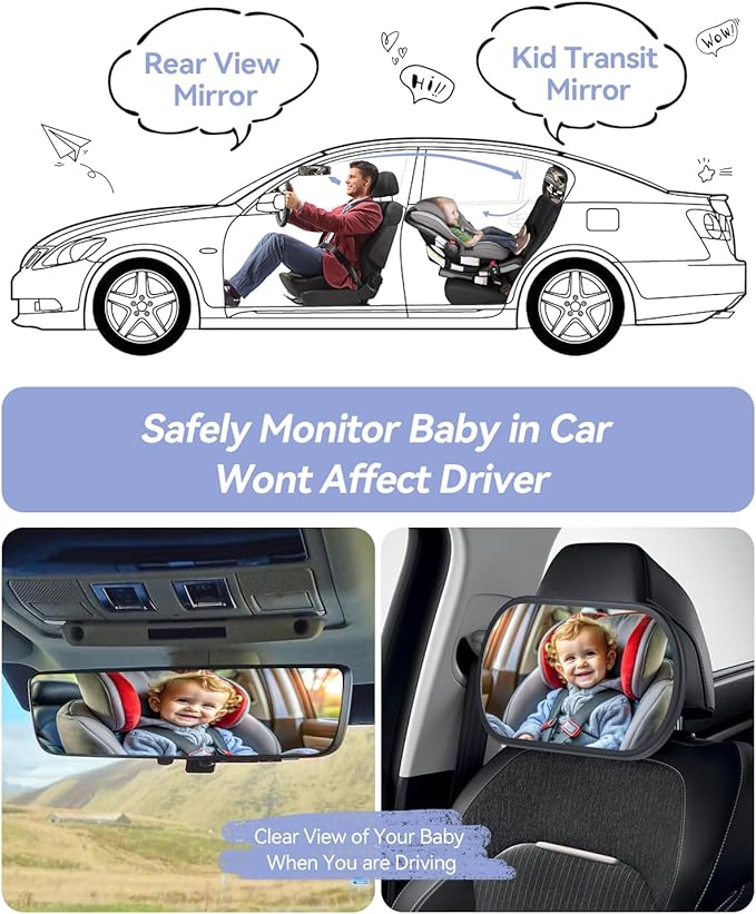 Baby Car Mirror, Rear Facing Car Seat Mirror Safety for Infant Newborn, Clear Wide View, 360° Rotation, Easily Observe the Baby Move, Secure, Shatterproof(Black)