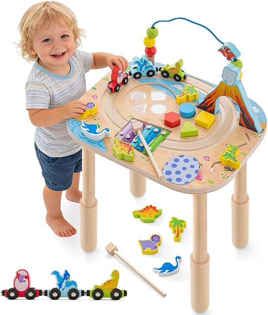 Montessori Activity Table for 1 Year Old, 9-in-1 Wooden Activity Table with Adjustable Height, Train, Shape Sorter, Xylophone, Baby Sensory Educational Learning Toys, Birthday Gift (Dinosaur)