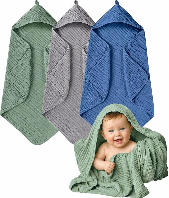 Momsnug 3-Pack Muslin Hooded Baby Towels, 100% Cotton, Ultra-Soft & Absorbent Baby Bath Towels with Hood for Babies, Infant, Toddler and Newbron(Green + Grey + Dark Blue，35" X 35'')
