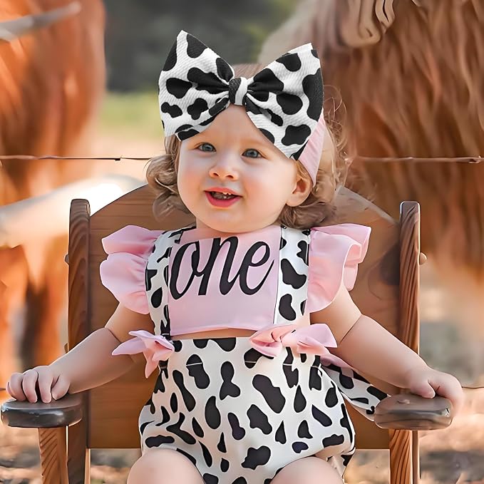 Moo Cow Print 6’’ Hair Bows for Girls Cowgirl Accessories Newborn Infant Toddler Baby Girl Headbands Black & Pink Bow Baby Wrap