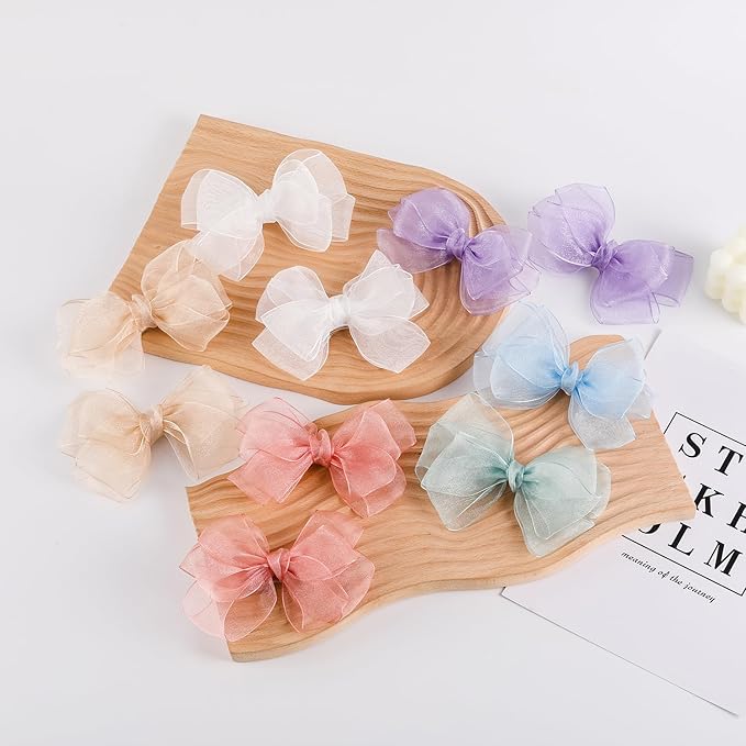 5.5-Inch Organza Double Hair Bows Alligator Clips Hair Accessories for Girls Toddler Kids Children Teens - Sky Blue