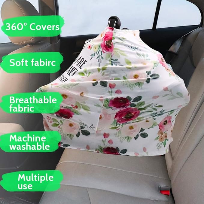 Car seat Canopy for Baby, No Touching Sign Flower Car Seat Covers for Newborn, Infant Stroller Covers for Boy Girl, Multiuse Nursing Covers for Breastfeeding, Ultra-Soft Breathable, Nursing Scarf
