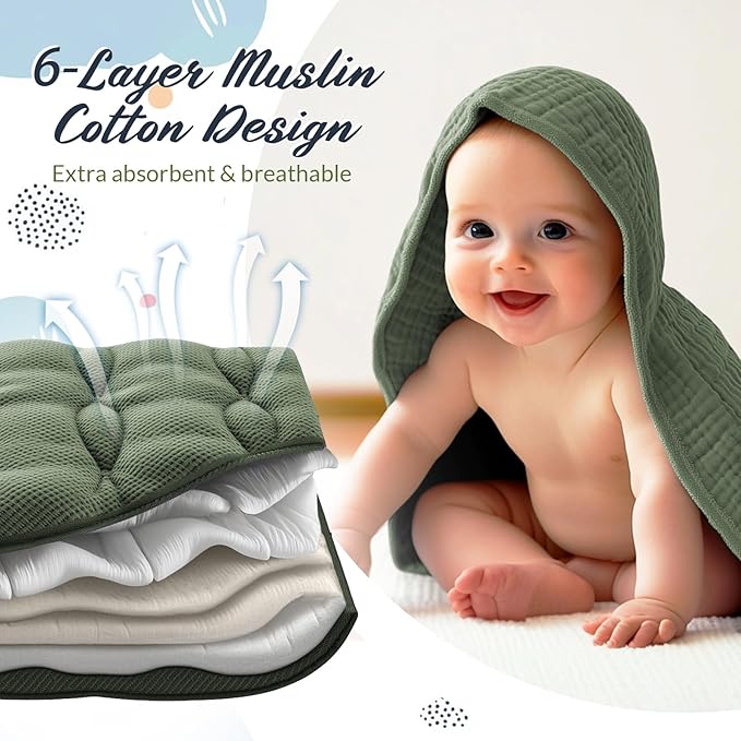 Hahafelt 6 Pcs Muslin Hooded Bath Towels Washcloths and Bibs Set, Muslin Cotton Baby Towels Absorbent Hooded Blanket Towel Infant Bibs for Boys Girls Newborn Infant Essential(Blue, Green)
