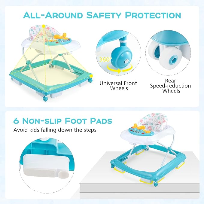 BABY JOY Baby Walker, 4 in 1 Foldable Activity Walker with Adjustable Height, Music, Lights, Anti-Rollover Toddler Push Walker, Baby Walker with Wheels for Boys Girls 7-14 Months (Light Blue)