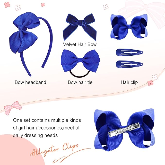DEEKA Royal Blue 15 Pieces Hair Accessories Set - Uniform Hair Bows, Clips, Headband, Ties for Toddler School Girls