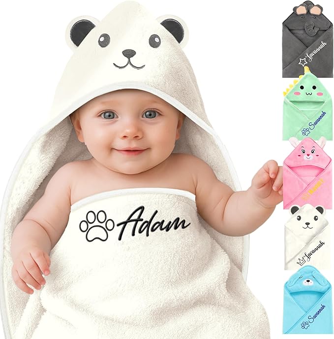 Personalized Baby Towels Hooded with Name, Custom Toddler Coral Velvet Fleece Bath Towel with Hood for Girl Boy, Customized Newborn Gifts - Embroidered (White Bear)
