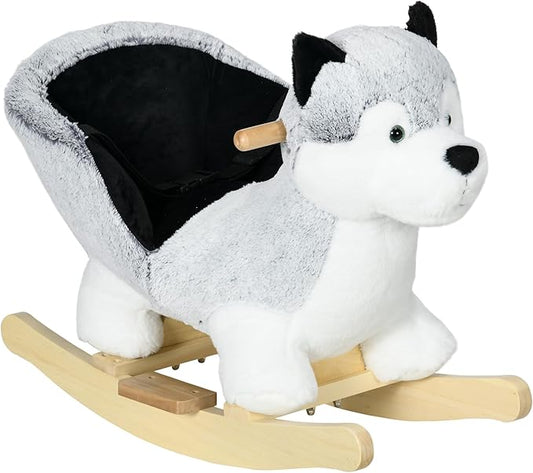 Qaba Wooden Rocking Horse, Husky Themed Rocking Animal for Baby, Animal Rocker Ride-On Toy for Kids 18+ Months with Realistic Sounds, Seat Belt, Gray