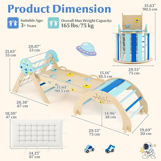 Olakids Pikler Triangle Set, 13 in 1 Astronaut Theme Foldable Wooden Montessori Toddler Climbing Toys Indoor with Cushion Ramp Arch Ladder Net