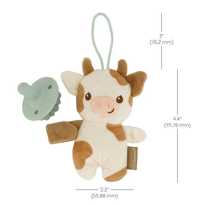 Infantino Snuggle & Soothe PaciPal - Soft Fabric Pacifier Pal with Premium Silicone Pacifier for Baby's Comfort and Self-Soothe, Cow