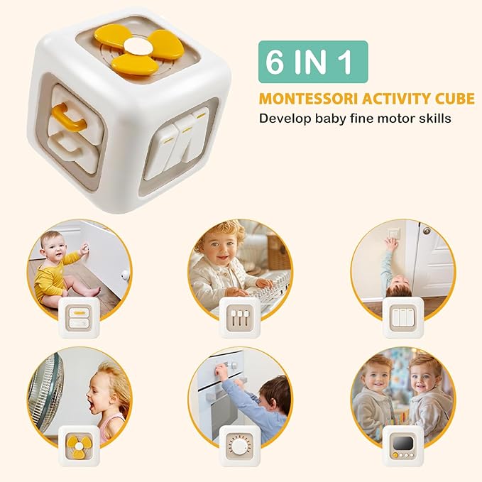 VoMii Baby Toys 6-12-18 Months, Montessori Toys for Babies Newborn Teether Sorting Stacking Blocks Spinner Toy Activity Cube Sensory Toy for Toddlers 1-2-3 Years