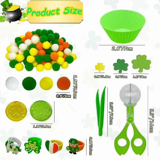 248 Pcs St. Patricks Day Sensory Bin Filler Fine Motor Toys Green Sensory Bin Items 120 Pompoms 80 Lucky Shamrocks Foam 30 Lucky Coins 6 Rings St. Patrick's Decor for Counting Sorting