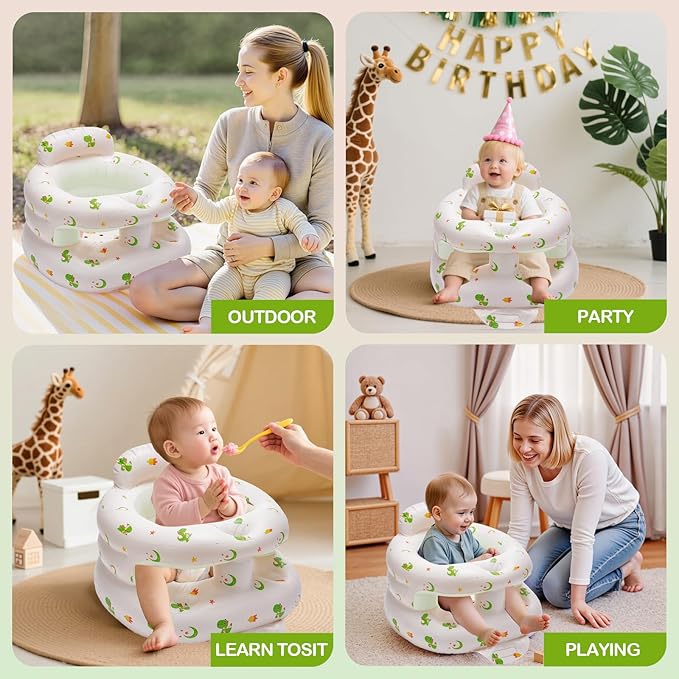 Inflatable Baby Seat for Babies 3-36 Months,Baby Floor Chair with Built in Air Pump,Infant Back Support Seat for Sitting & Learning to Sit (Green Dinosaur)
