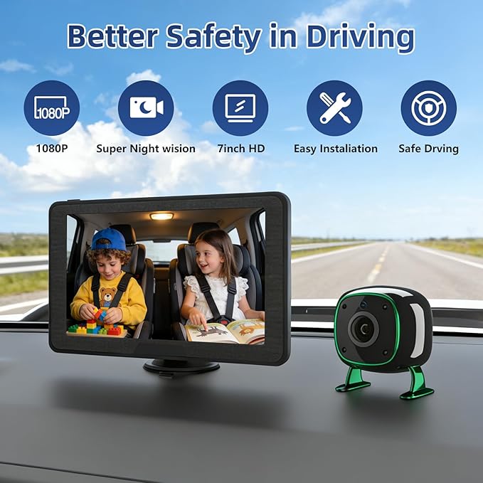 Dual Backseat Camera for 2 Kids 1080P Split-Screen Monitor Baby Camera Rear-Facing Cameras IR Night Vision 360° Rotatable Backseat Screen, Car Seat Mirror Alternative (0082 with 7in Monitor)