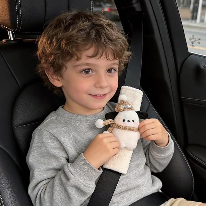 2 PCS Seat Belt Cover Pad, Cute Kawaii Animal Dog Seatbelt Covers for Kids and Adults, Winter Plush Fluffy Soft Seat Belt Cover, Cartoon Seatbelt Cushion,Car Seat Strap Pads (G-Dog(Khaki))