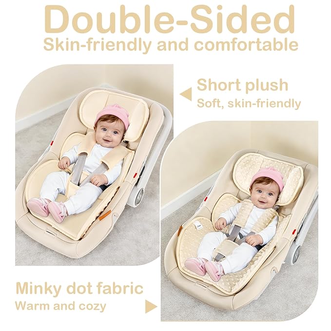 Hooyax Infant Car Seat Insert with Ultra-Thick Head Support - Universal 3-in-1 Baby Car Seat Cushion Set, Dual-Sided Newborn Carseat Insert for Carseat, Stroller, Bouncer, Swing(Apricot)