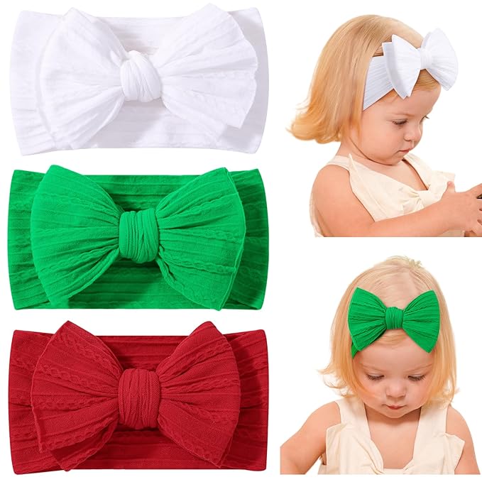 jollybows 3PCS Baby Christmas Bow Headbands Soft Nylon Baby Girl Headbands for Newborn Infant Toddler Kids Cute Bow Wide Hairbands Hair Accessories(White Green Red-Merry Christmas)
