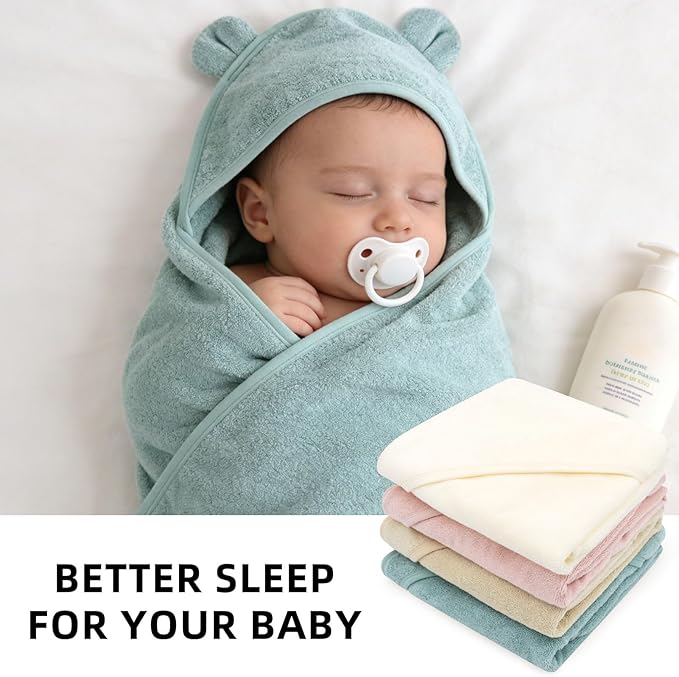 LifeTree 1 Pack Baby Hooded Towel with 1 Pack Washcloth for Newborn, 100% Cotton Bath Towel for Babies, Infant, Toddler and Kids, Thick,Soft and Absorbent, 30 * 30 Inches, Newborn Essentials, Green