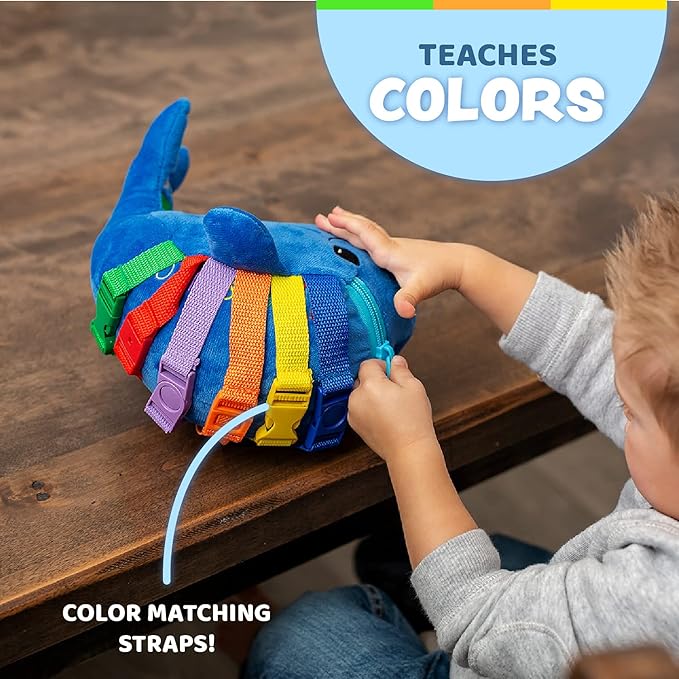 Buckle Toys - Blu Whale - Develop Motor Skills and Problem Solving - Counting and Color Recognition - Easy Travel Toy - Learning Material - Pre K Activity Stuffed Animal