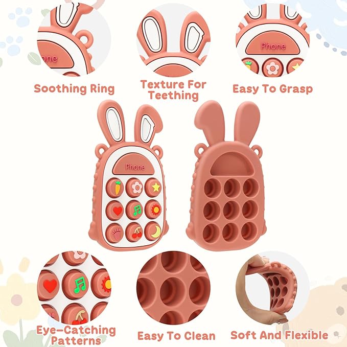 MISSLILI Teething Toys for Babies, BPA-Free Silicone Teether Toy for Infants, Cute Rabbit Phone Design with Easy-Grip Ears, Soothing Gums and Push Pop for Boy and Girl