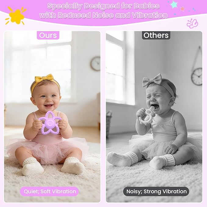 Vibrating Teether for Baby - Dual Use Vibrating Soother for 3-6 Months/6-18 Months & Sensory Toys for Kids with Autisms, Baby Teething Toys with 3 Vibration Modes(Purple)