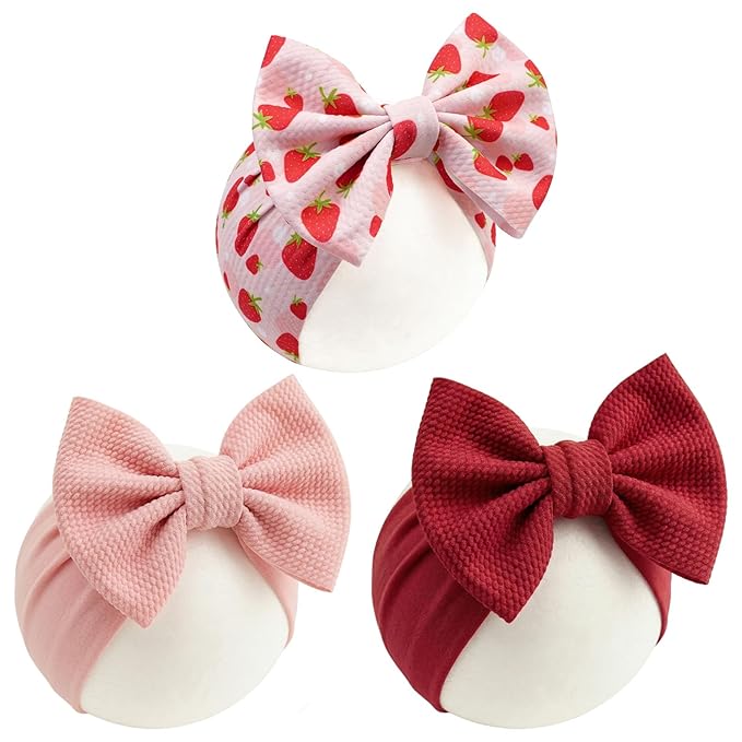 Qchengsan 3 Pack Baby Girl Headbands with Bows, Soft Stretchy Nylon Hair Accessories for Newborn Infant Toddler, Cute Strawberry Shortcake Baby Stuff, Red Pink Ribbon for Photos, Shower Gifts