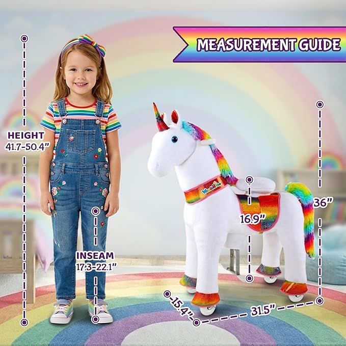 WondeRides Ride on Unicorn Horse Toys Pony Rider Rocking Horse with Wheels, 30.1 inch Height Plush Walking Animal Mechanical Riding Pony No Battery (Rainbow, Size 4 for Age 4-9)