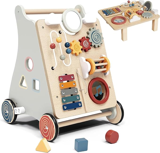Baby Push Walker with Detachable Busy Board, Wooden Baby Walker with Adjustable Speed Wheels, Montessori Push Walker for Babies, Push Walking Toys for Boys & Girls 1 Year Old, Gifts for Toddler