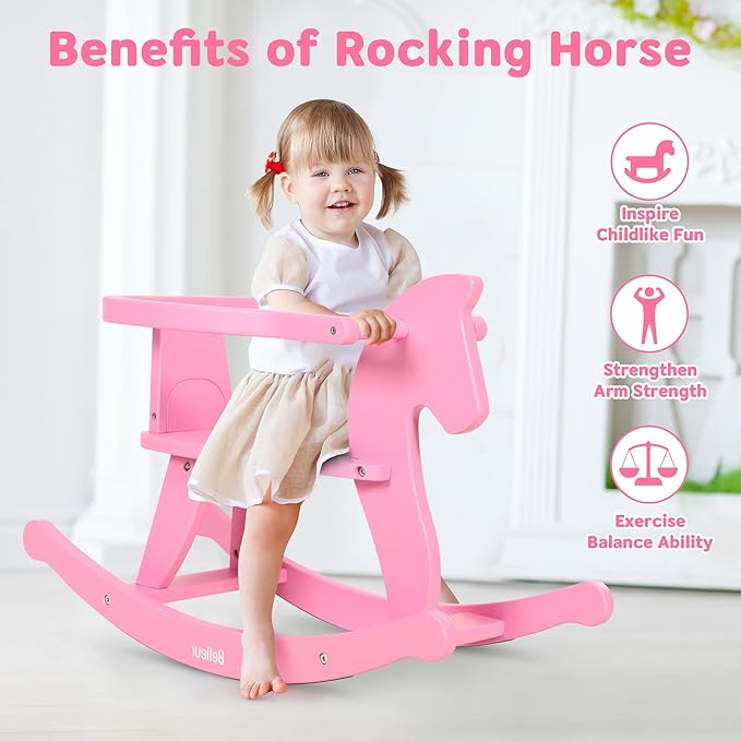 Belleur Rocking Horse for Kids 1-3 Years Old, Wooden Rocking Toy for Toddlers with Removable Fence for Indoor & Outdoor Activities, Baby Horse Riding Toy for Birthday & Visit Gifts
