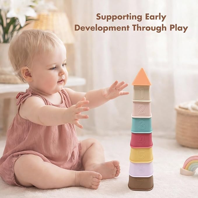Baby Stacking Cups Toy, Silicone Stacking Tower Educational Baby Toys 6M+, Soft Teething Building Blocks 8 Pcs, BPA Free Sensory Infant Toy, Bath & Beach Toys, Vintage Neutral Colors-Vintage