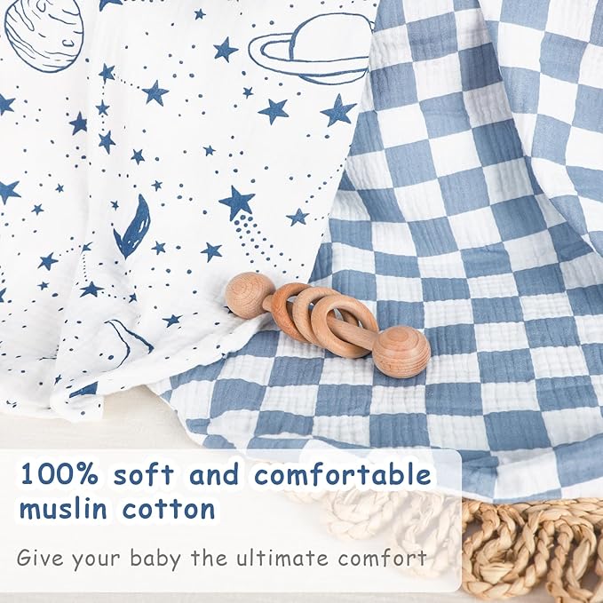 Hooyax Muslin Baby Lounger Cover 2 Pack - 100% Breathable Cotton Soft Infant Lounger Covers, Fits Most Standard Newborn Loungers & Pillows (Blue Checker+Star)